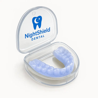 Blue mouldable dental nightguard for teeth grinding on a NightShield Dental case