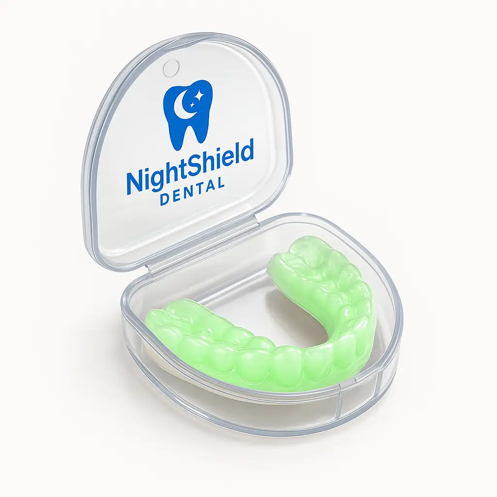 Green nightguard in a clear NightShield Dental case on a white background
