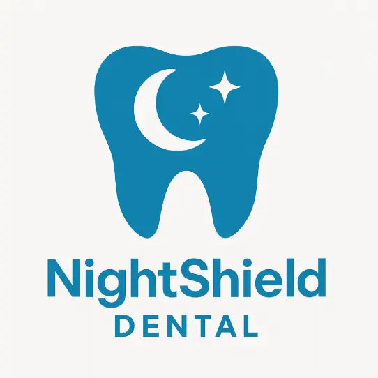 Logo of NightShield Dental with a blue tooth shape on a white background