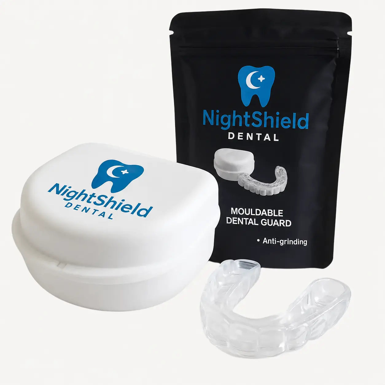 Night Shield Dental Core nightguard packaging with a white guard and clear tray on a white background.