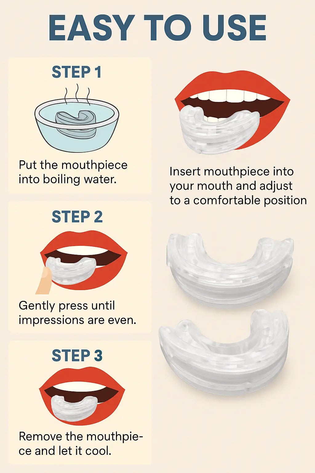 Instructions for using NightShield Dental Mouldable Nightguards with illustrations and text on a beige background