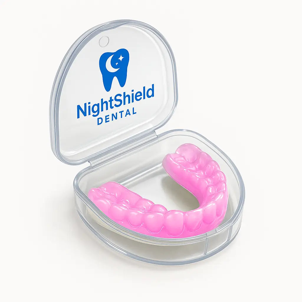 Pink dental guard in a clear NightShield Dental case on a white background