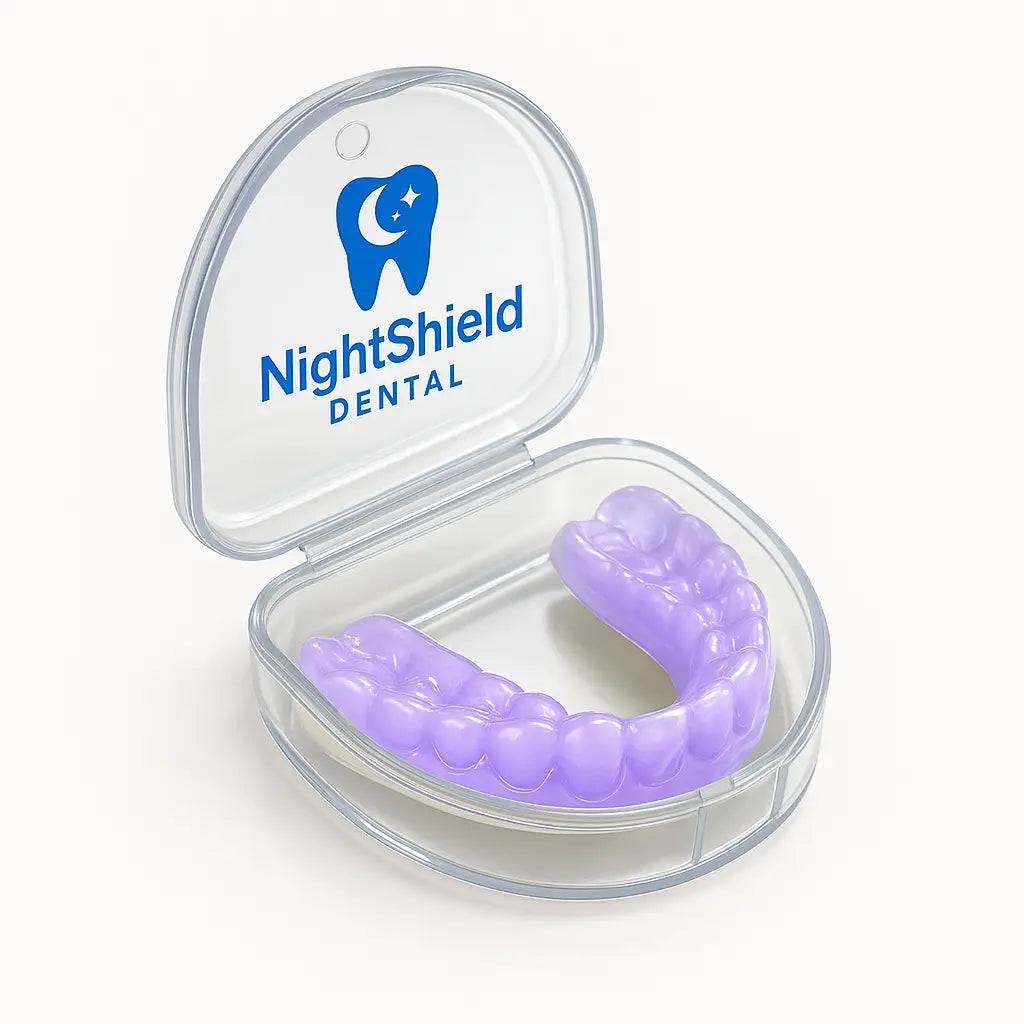 Purple dental guard in a clear NightShield Dental case on a white background
