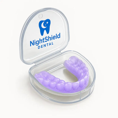Purple dental guard in a clear NightShield Dental case on a white background