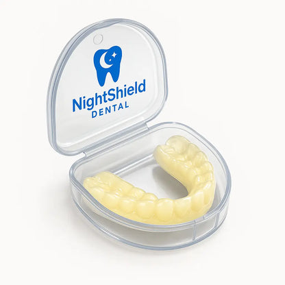 Clear NightShield Dental mouthguard case with a yellow mouthguard inside on a white background